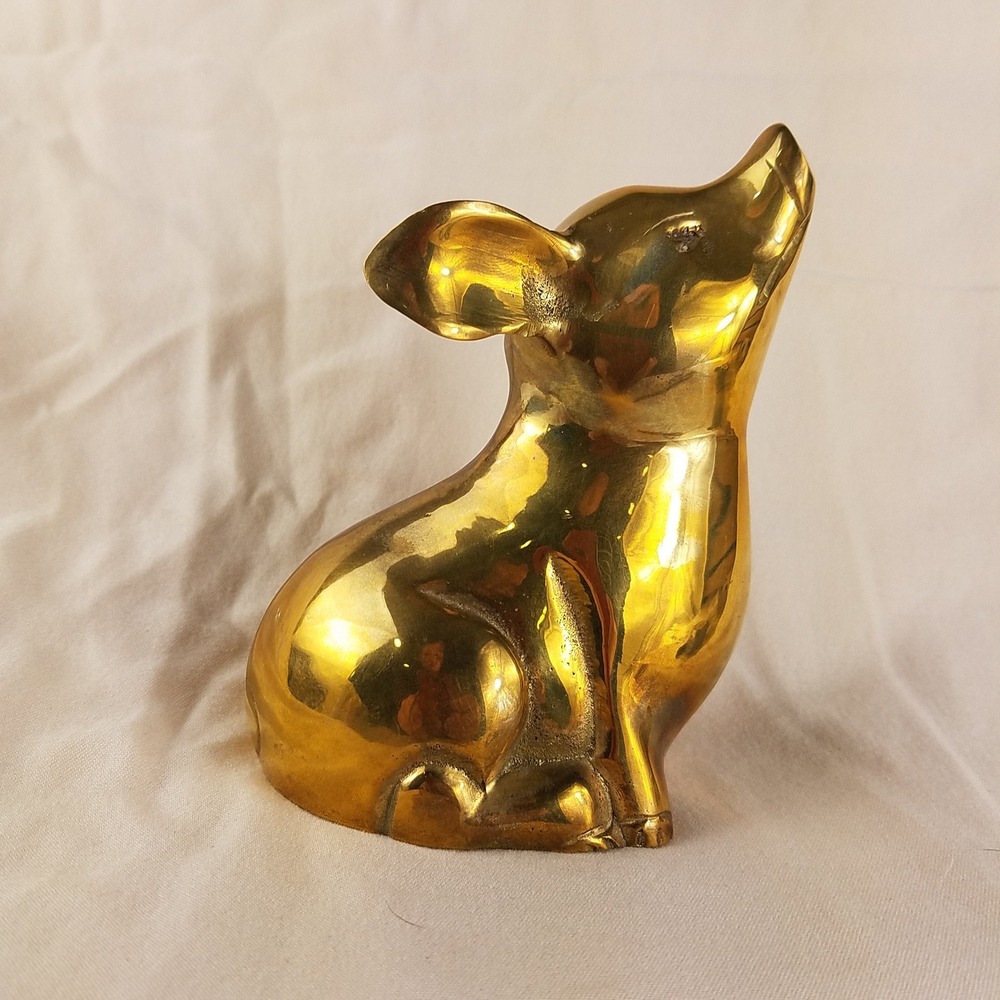 Vintage Brass Pig Figurine Seated Head Up Made in India Gold Decor Midcentury